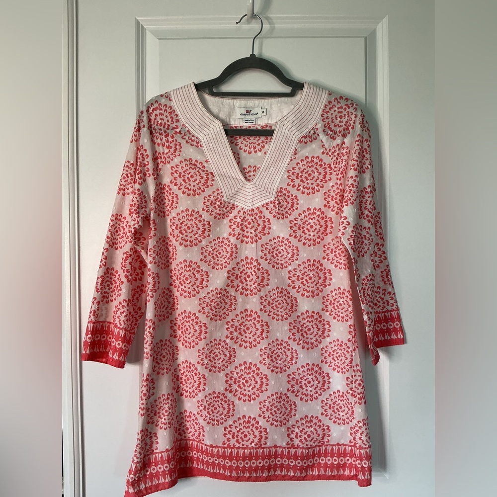 Vineyard Vines Women’s Swiss Dot Coral Medallion Tunic 3/4 Sleeve Cotton Size XS